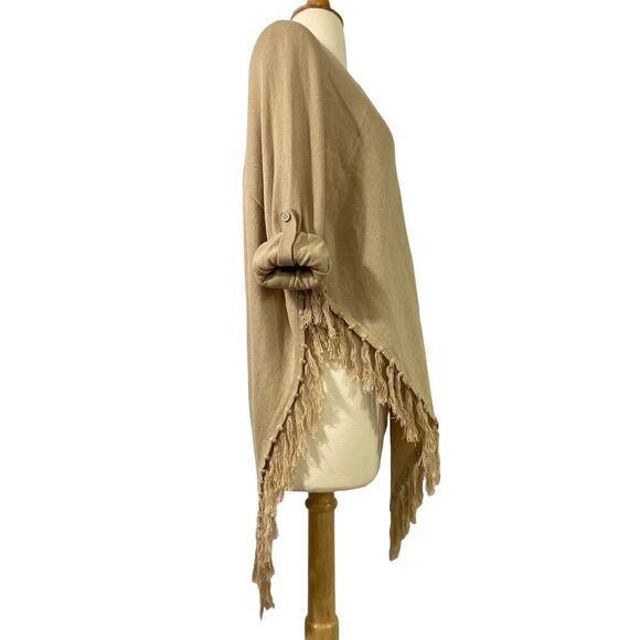Double Zero SET OF 2 Knit Ponchos Fringe Hem Long Sleeve Tan Gray Soft Size S - Picture 3 of 12